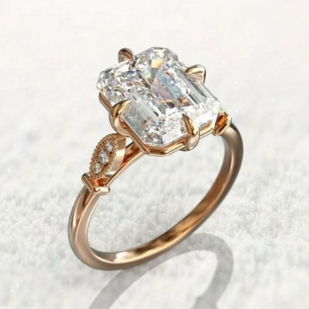 Rose Gold Emerald-Cut Clear Crystal Solitaire Ring